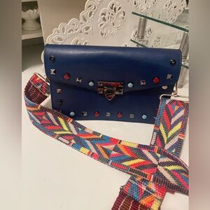 Italian bag 100% leather Crossbody Bag. Navy blue color with lots of detail